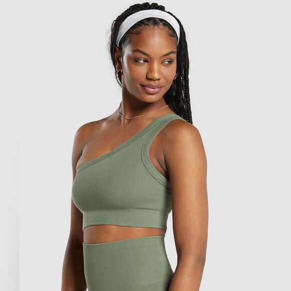 Gymshark Ribbed Cotton‎ Seamless One Shoulder Bra light support Size M in Green - Picture 3 of 8